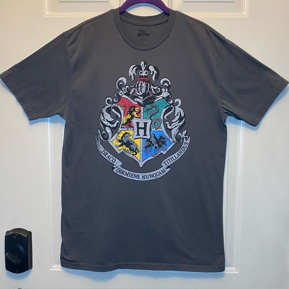 Harry Potter Hogwarts Crest T-shirt Sz L from universal Studios Gray EUC - Picture 1 of 9